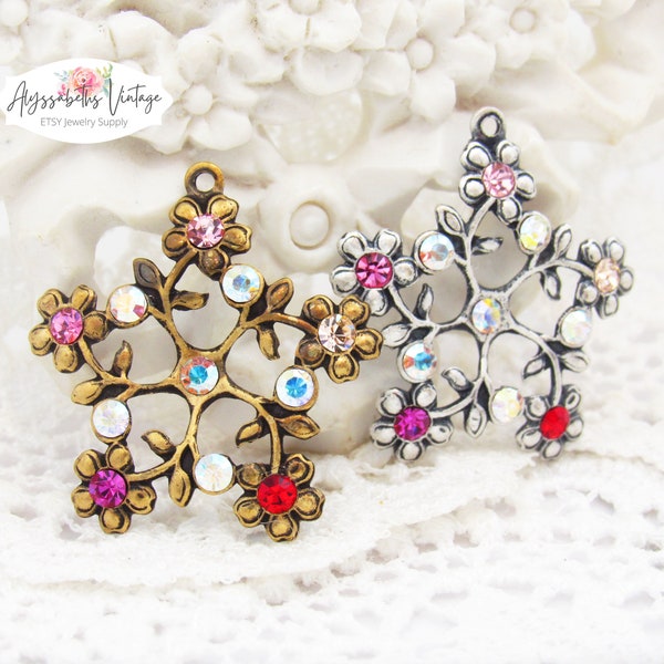 Floral Filigree Pendants with Shades of Pink & AB Crystal Rhinestones, 27x25mm Black, Brass or Silver Ox Lacey Star Flower Charms - 2