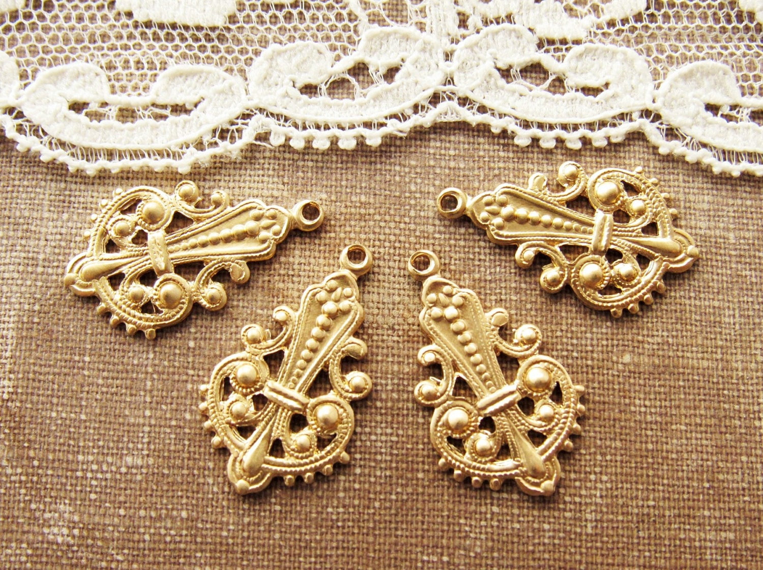 Antiqued Brass Filigree Drops – Earring Findings, Set Of 6 Pieces