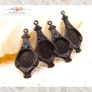 Antiqued Black 10x8mm Oval Victorian Art Nouveau Floral Embossed Earring Dangles Bezel Flat Back Setting Charms, Aged Black Drops - 4