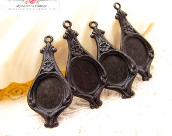 Antiqued Black 10x8mm Oval Victorian Art Nouveau Floral Embossed Earring Dangles Bezel Setting Charms, Aged Black Drops - 4