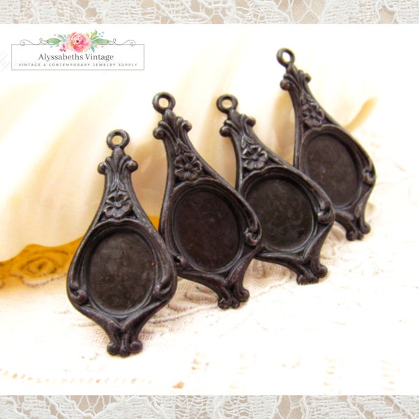 Antiqued Black 10x8mm Oval Victorian Art Nouveau Floral Embossed Earring Dangles Bezel Setting Charms, Aged Black Drops - 4