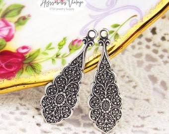 Art Nouveau Oriental Floral Embossed Antique Silver Plated Earring Dangles 31x10mm Bohemian Vine and Flower Drops - 4