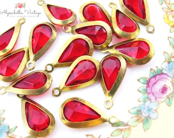 Retro Vintage Ruby Red & Brass Teardrop Charms, 20x10mm Channel Set Acrylic Plastic Stone Earring Drops – 6