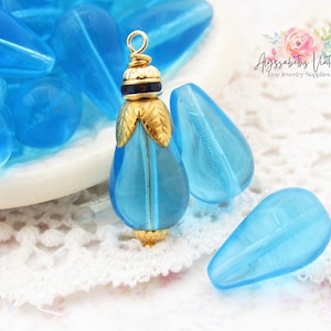 Shiny Transparent Aqua Blue Glass Teardrop Beads 18x11mm Pear Shaped Czech Sheer Turquoise Pressed Glass Beads - 6
