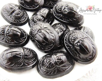 Vintage Cherry Brand Black Glass Egyptian Scarab 25x18mm Cabochons, Flat Back Oval Stones - 2