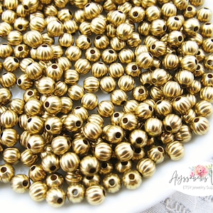 Vintage 4mm Round Raw Brass Corrugated Beads, Small Brass Accent Beads - 40