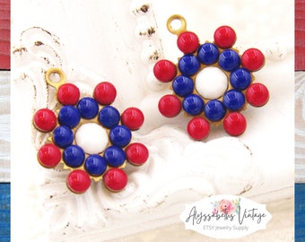 Vintage Austrian Opaque Red, White & Blue Layered Floral Drops Flower Dangles 19x17mm Raw Brass, Black or Silver Ox – 2
