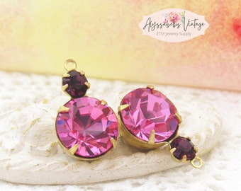 Rose Pink & Purple Amethyst Rhinestone Dangles 18x11mm Crystal Charms 1 Ring Brass, Brass Ox, Matte Black or Antique Silver Settings - 2