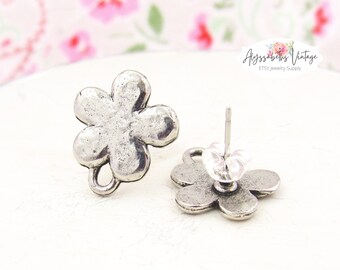 Antique Silver Plated Pewter Flower Earring Posts with Loop Floral Daisy Ear Studs Post Earring Sterling Plated Findings Jewelry Supply - 2