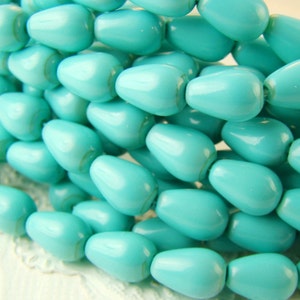 Petite Opaque Turquoise 9x6mm Glass Teardrop Beads, Pressed Glass Aqua Pear Shaped Pearls - 15