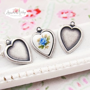 Romantische Antik Silber Herz Lünette Fassungen für 11x10mm Herz Cabochons & Cameos, Silber Ochse Platte Valentinstag Charm - 4