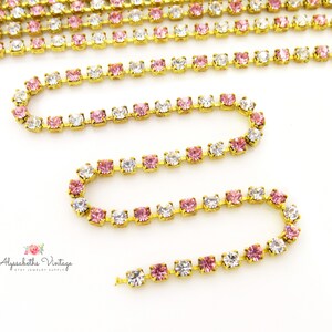 Vintage Light Rose and Clear Crystal Austrian 2.5mm Cup Chain 18PP Pink & Crystal Rhinestone Chain by the Foot