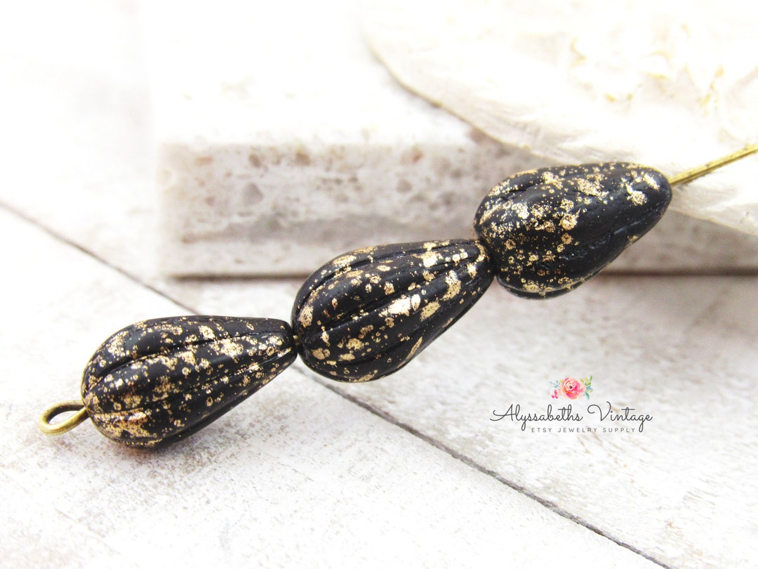 Opaque Matte Black With Gold Spatter Teardrop Melon Beads 13x8mm Czech