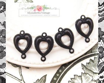 Gealterte schwarze Patina puffed offenes Herz 2 Ring-Verbinder, 2 Schleifen, die antike schwarze Valentine-Glieder 17x12mm - 4.stanzen