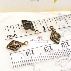 Small Art Deco Antique Brass Sunray Embossed Diamond Shaped Drops, US Made Brass Ox Geometric 1 Ring Dangles Charms 12mm x 7mm 6 image 4