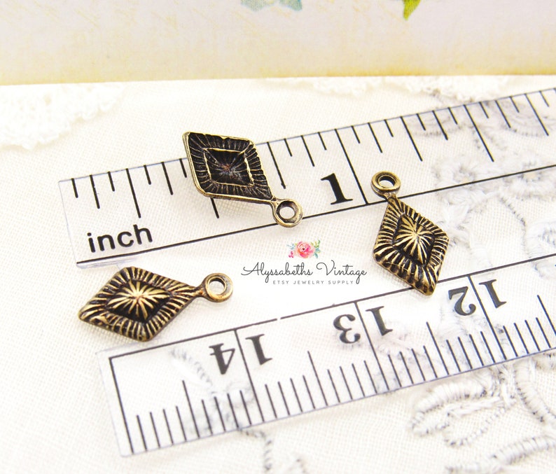 Small Art Deco Antique Brass Sunray Embossed Diamond Shaped Drops, US Made Brass Ox Geometric 1 Ring Dangles Charms 12mm x 7mm 6 image 4