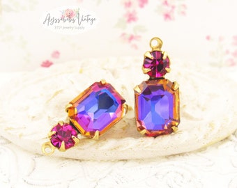 Crystal Violet Blue Octagon & Fuchsia Rhinestone Drops Silver Ox, Black, Brass Earring Setting Dangles 18x8mm - 2