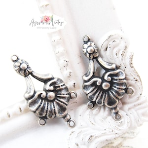 Ornate Antiqued Silver Ox Victorian Shell Floral Brass Chandelier Earring Connectors 4 rings 27x15mm 4 image 1