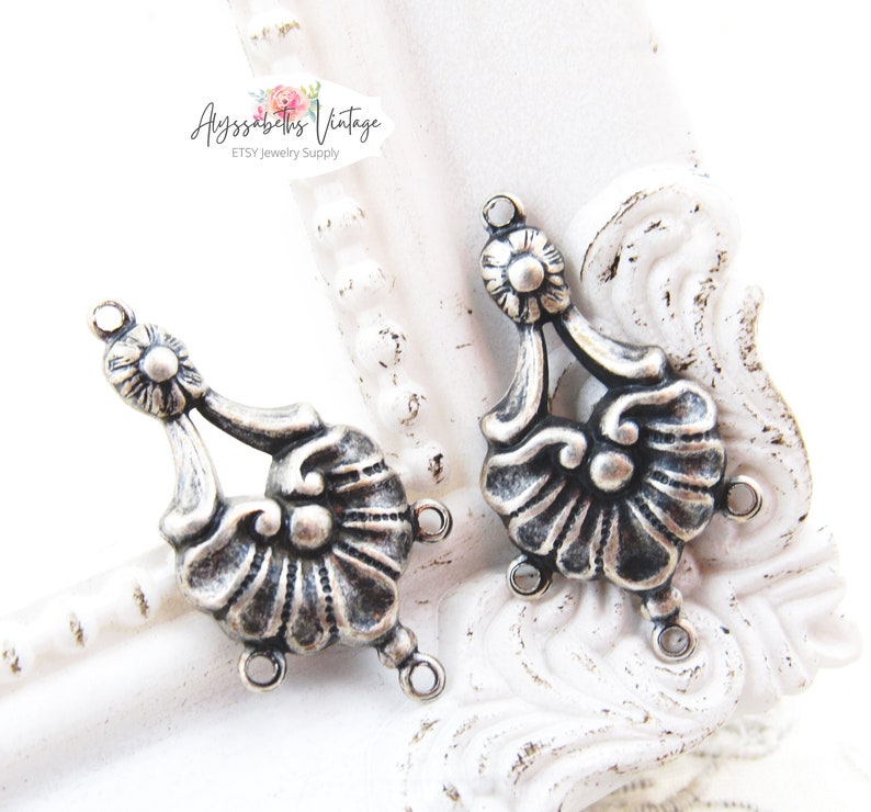 Ornate Antiqued Silver Ox Victorian Shell Floral Brass Chandelier Earring Connectors 4 rings 27x15mm 4 image 1