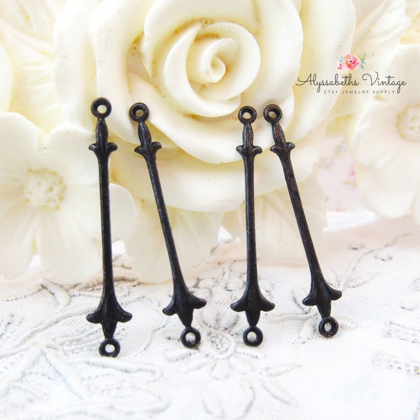 Antique Black Long Fleur de Lis Bar Connector in Aged Black Patina Delicate Thin French 2 Ring Links Stampings 23mm Long - 6