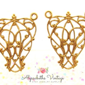 Ornate Art Nouveau Raw Brass Scroll and Vine Filigree Wrap Three Ring Y Connectors Pendant Links 24x19mm - 4