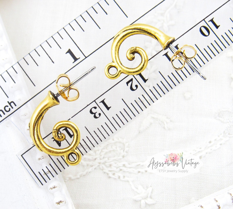 Antique Gold Plated Curled Tendril Hoop Stud Pewter Earring Post with Loop Earwire Findings Jewelry Supplies 18k Gold Plate 2 image 3