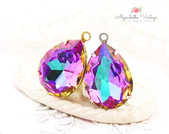 Orecchini pendenti o a maglia con strass a forma di pera sfaccettata arcobaleno viola eliotropio 18 x 13 mm in ottone grezzo, argento/ottone - 2 pezzi