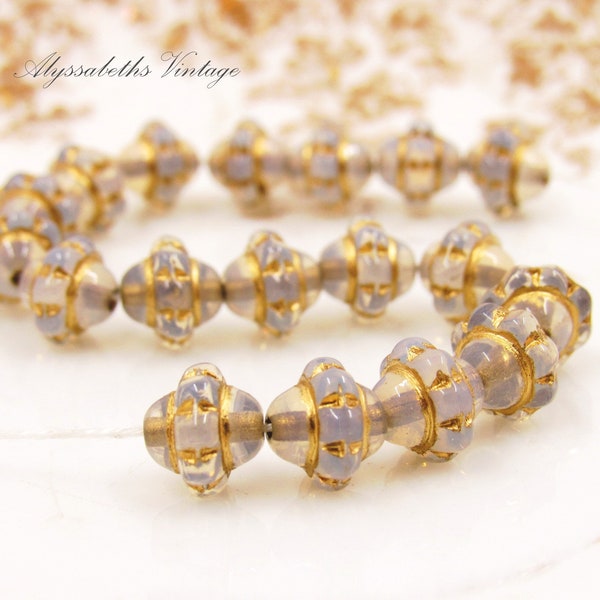 Vintage Style Antique Gold & White Opal Glass Saturn 7mm Beads, Czech Pressed Glass Milky White Beads - 25