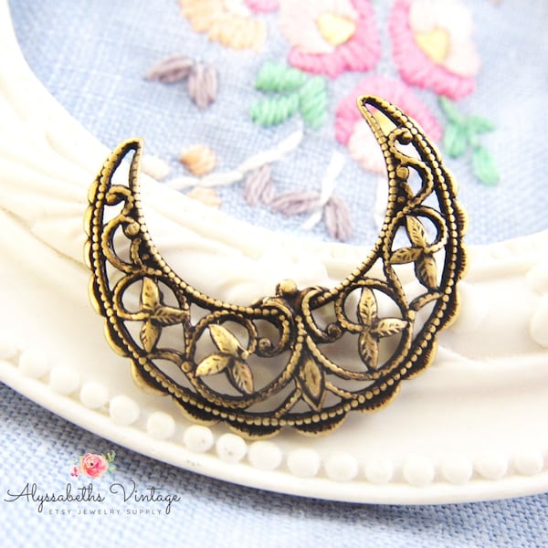 Ornate Art Nouveau Antique Brass Filigree Crescent Moon Connector Chandelier Earring Findings Half Round Brass Ox Pendant 29mm - 2