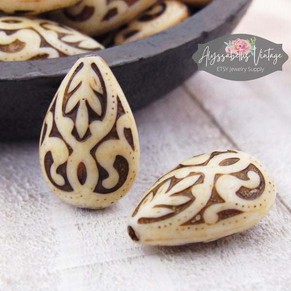 Baroque Antiqued Ivory Carved Floral Filigree Embossed Teardrop Beads Opaque Plastic Pear Shaped 19x13mm – 6