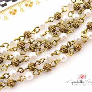 Vintage Pearl & Fluted Patina Brass Beaded Rosary Chain 4mm Pearls Fluted Aged Brass Beads - 1 ft.