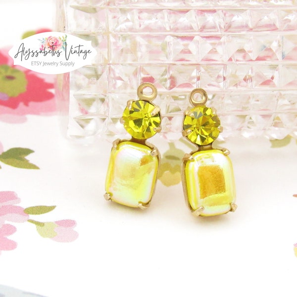 Vintage AB Opaque Lemon Yellow Octagon Stone & Yellow Citrine Rhinestone Earring Dangle, 16x6mm Set Rhinestone Charms or Connectors - 2