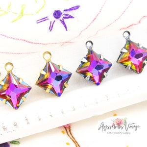 Rainbow Vitrail 8mm Square Golden Shadow Rhinestone Drops or Connector in Brass, Silver or Brass Ox Settings - 4