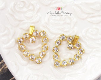 Vintage Austrian Gold and Clear Crystal Rhinestone Heart Charms, Romantic Valentine Pendants 18x16mm - 2