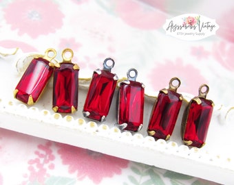 Vintage Ruby Red 10x5mm Faceted Octagon Set Stones, Rhinestone Drop or Connector Raw Brass, Black or Antique Silver Settings - 4