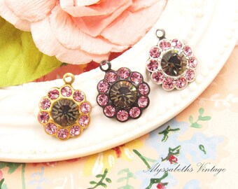 Austrian Black Diamond and Light Rose Pink Rhinestone Flower 1 Ring Drops 16x13mm Brass, Black or Antique Silver Charm Daisy Settings - 2