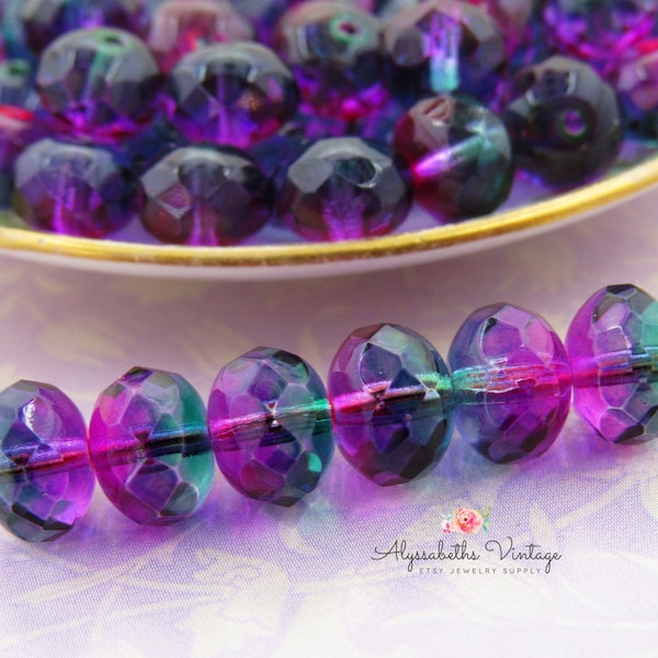 Transparent Purple & Teal Blue Ombre Rainbow 9x6mm Puffy Rondelle Glass Beads, Imported Czech Preciosa Faceted Glass Spacer Beads – 12