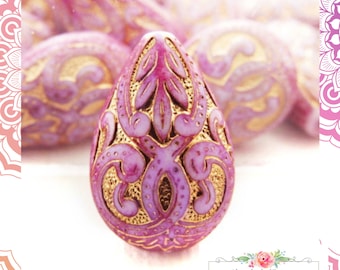 Baroque Antiqued Lilac Purple and Gold Carved Floral Filigree Embossed Teardrop Beads Plastic Acrylic Pear Shaped 19x13mm – 6