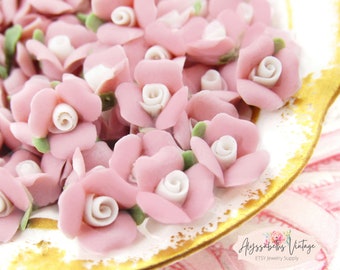 Vintage 8mm Pink and White Porcelain Rose Cabochons, Matte Bisque Ceramic Flower Embellishments - 6