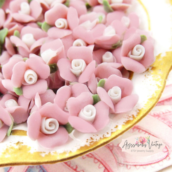 Vintage Pink and White Porcelain Rose Cabochons, 8mm Matte Bisque Ceramic Flower Embellishments - 6