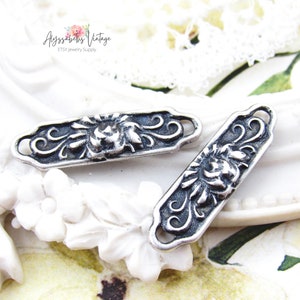 Ornate Antique Silver Floral & Scroll Embossed Art Nouveau 2 Loop Bar Connectors 27x7mm Bracelet Link Findings - 4