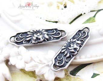 Ornate Antique Silver Floral & Scroll Embossed Art Nouveau 2 Loop Bar Connectors 27x7mm Bracelet Link Findings - 4