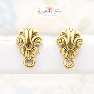 Verouderde vergulde barokke fancy Fleur de Lis tinnen oorbellen met lusje oorstekers 24kt vergulde oorbel bevindingen - 2