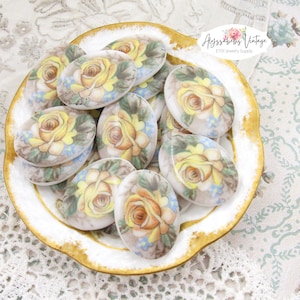 Vintage 25x18mm Yellow & Peach Rose Oval Cameo, West German Porcelain Painting Autumn Flower Cabochon Flat Back Stones - Pair