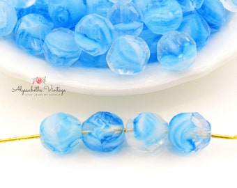 Semi Transparent Aqua & Crystal Givre 8mm Faceted Round Fire Polished Glass Beads, Marbled Blue Porphyr Czech Glass Beads - 20