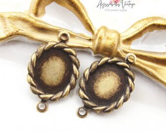 Elegant 10x8mm Oval Antique Brass Ox Rope Edge Connector Settings, 2 Ring Link Cabochon Cameo Base Flat Back Bezel Setting - 4