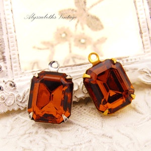 Vintage Austrian Dark Smoked Topaz 12x10mm Octagon Faceted Glass Set Stones Black, Antique Silver or Brass Drop or Connector Settings - 2