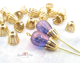 Raw Brass Spoke Bead Caps 8x6 Teardrop US Made Cone Bead Caps - 6