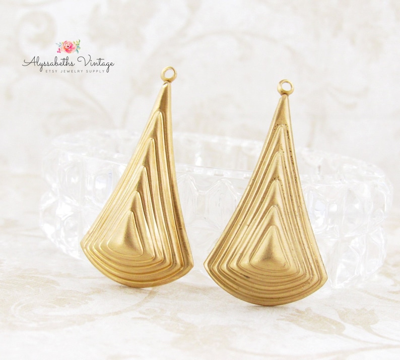 Long Geometric Raw Brass Art Deco Dimensional Layered Triangle image 0