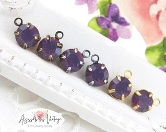 6mm Single Set Amethyst Opal Crystal Rhinestone Drop or Connector Raw Brass, Antique Brass or Antique Silver - 6